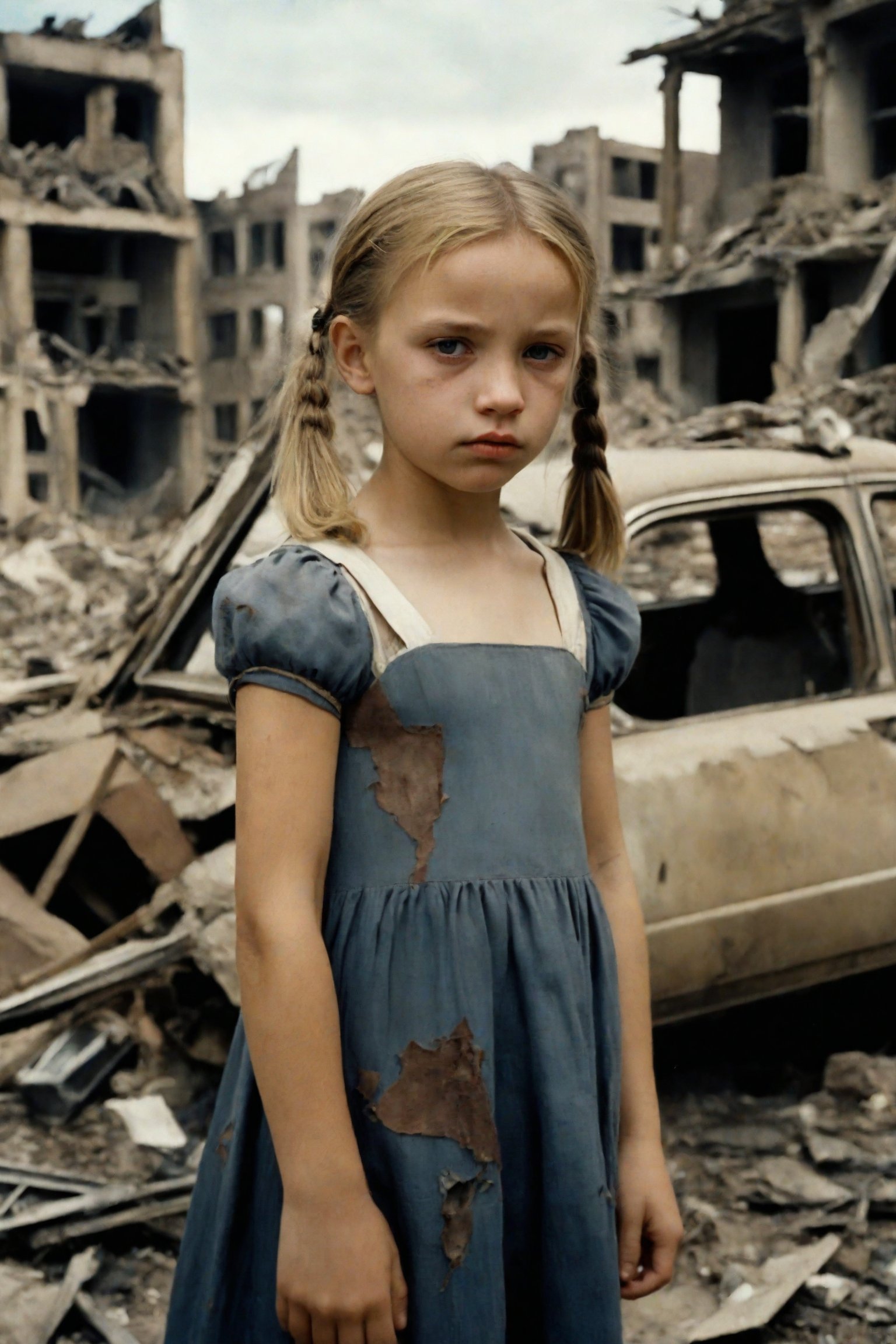 A vintage Polaroid snapshot captures a poignant moment. A young girl, her blonde pigtails framing her heartbroken expression, stands amidst the devastation of war-torn streets. The 50mm lens, reminiscent of Kodakchrome's iconic aesthetic, presents a desaturated scene with grainy texture. The ruined buildings and cars in the background tell the story of destruction, while the girl's tattered dress and somber gaze convey her sorrow.