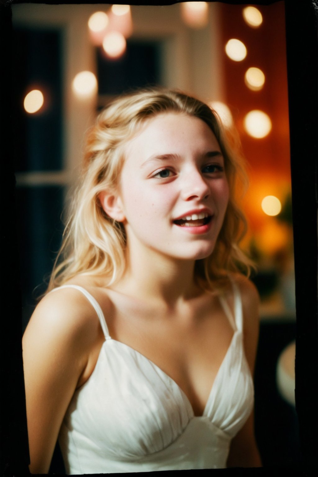 A nostalgic Polaroid photograph captures a candid moment of a stunning blonde teenager, dressed in a flowing prom gown, swaying drunkenly to an unheard melody in her family's loungeroom. The white border and grainy film texture evoke a sense of analog nostalgia. The camera zooms in for a close-up full-body shot, showcasing the girl's bleary-eyed expression as she loses herself in the music. Onlookers, blurred in the background, seem mesmerized by her carefree abandon under the dim lighting of midnight.