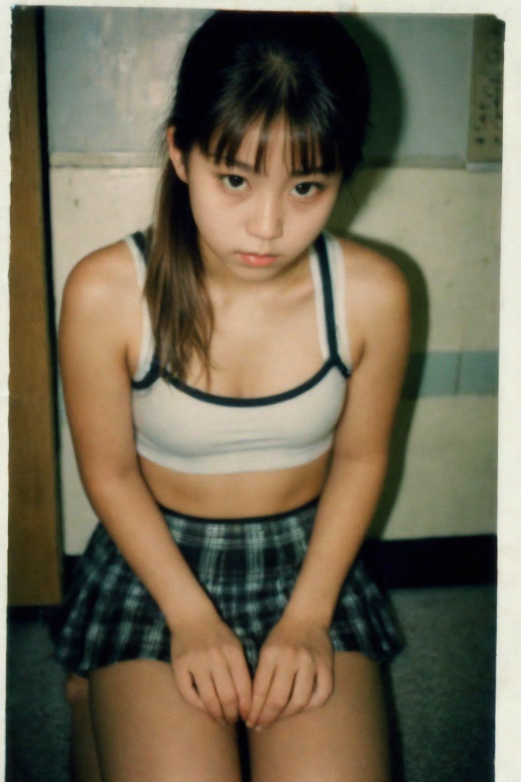 Nostalgic Polaroid snapshot of a 12 year old Japnese girl, medium length light brown hair in a loose ponytail,  kneeling on the floor of a bland school teacher's office. The camera captures her vulnerability as she kneels in a skimpy bra and school skirt, surrounded by the sterile atmosphere of the office. The grainy film texture and white border add to the intimate, candid feel of the moment. Taken from above, she looks up nervously at the camera, ready to do whatever the photographer asks of her