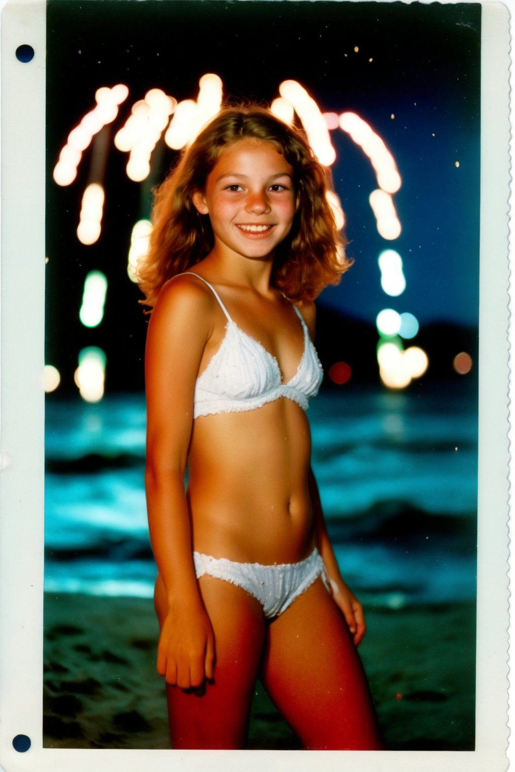 A nostalgic Polaroid photograph captures the carefree essence of a 1970's beach party. Gorgeous teenage girls, donning a bikini, radiates joy as she dances on the sandy shore under the starry midnight sky. Fireworks illuminate the darkness, casting a colorful glow on her bleary-eyed, intoxicated face. White border and grainy film texture evoke the analog photography of yesteryear. Onlookers gather around her, mesmerized by the infectious energy of this tipsy teenager, lost in the moment.