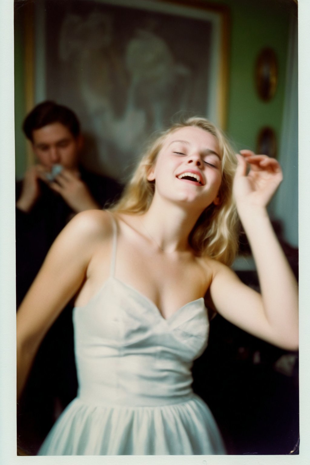 A nostalgic Polaroid photograph captures a candid moment of a stunning blonde teenager, dressed in a flowing prom gown, swaying drunkenly to an unheard melody in her family's loungeroom. The white border and grainy film texture evoke a sense of analog nostalgia. The camera zooms in for a close-up full-body shot, showcasing the girl's bleary-eyed expression as she loses herself in the music. Onlookers, blurred in the background, seem mesmerized by her carefree abandon under the dim lighting of midnight.