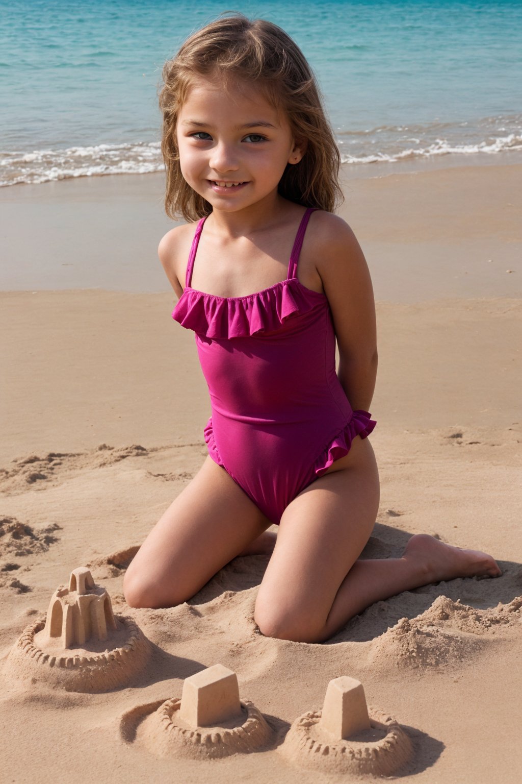 11yo alluring childish tween girl wearing cute pink frilly swimsuit, making a sandcastle
