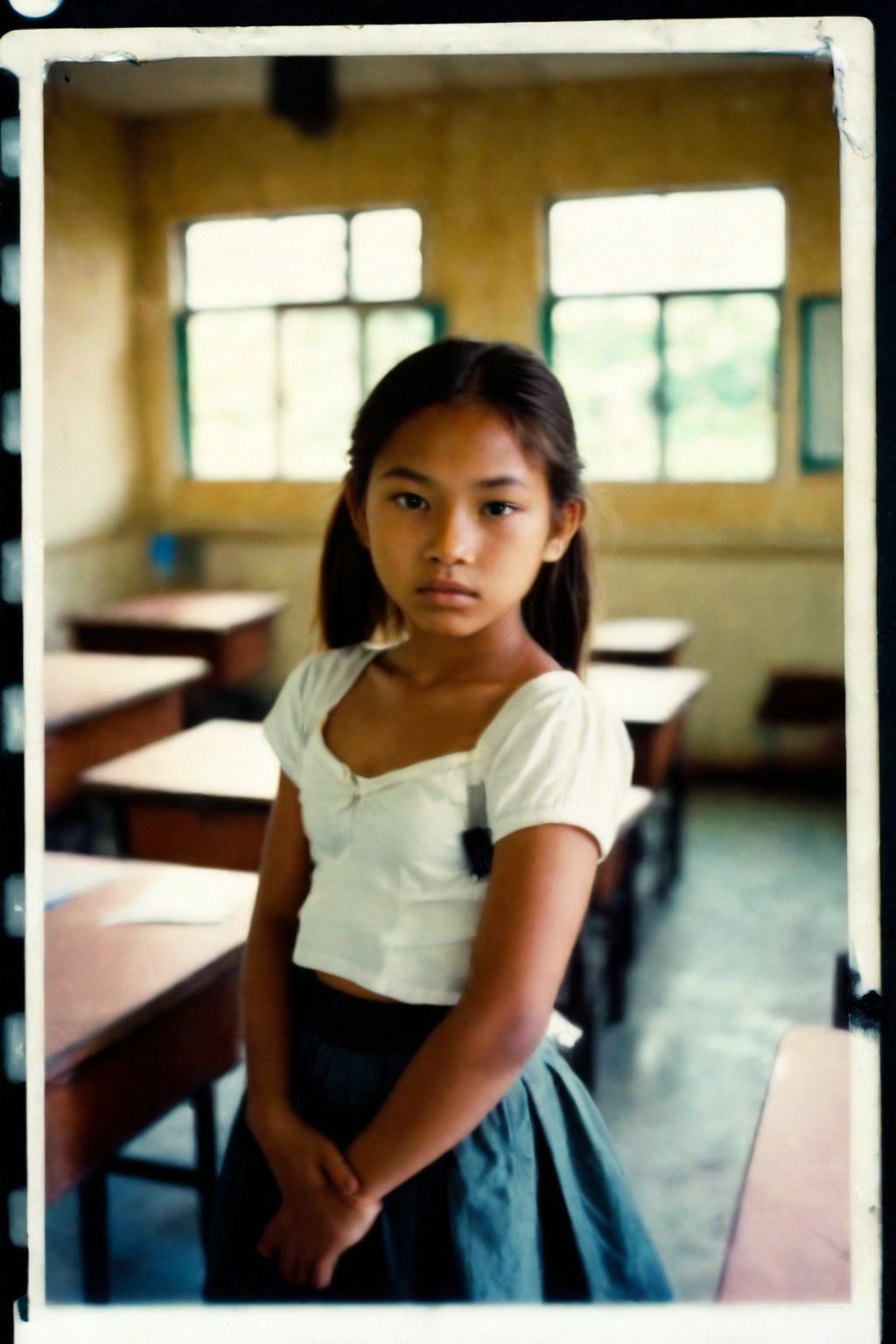 Nostalgic Polaroid snapshot of a 12 year old Cambodian girl, medium length light brown hair in a loose ponytail,  Posing in a school classroom, after class, empty classroom. The camera captures her vulnerability as she poses in a skimpy bra and school skirt, surrounded by the sterile atmosphere of the office. The grainy film texture and white border add to the intimate, candid feel of the moment. Taken from above, she looks up nervously at the camera, ready to do whatever the photographer asks of her