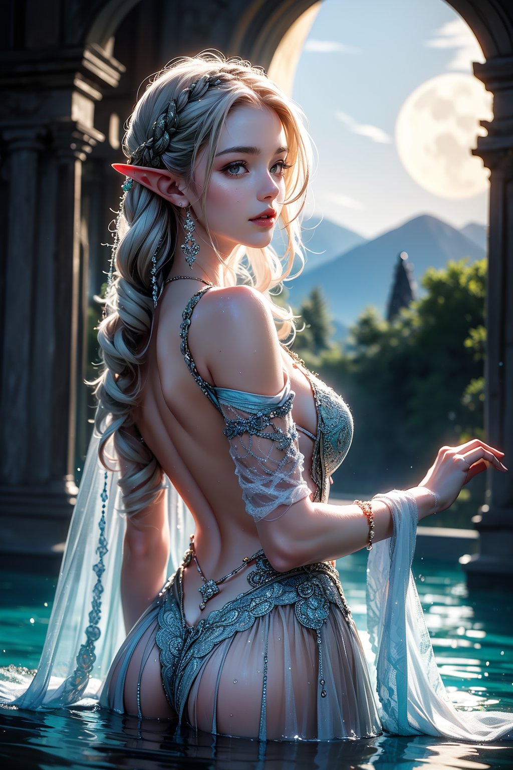 A young elf woman emerges from a crystal-clear pool, surrounded by ruins of ancient marble columns. Under the silvery glow of a full moon, her pointy ears and sparkling emerald eyes gleam. Long white hair cascades down her back like a river of moonlight. Pale skin glows in the pale light as she clings to the fragile transparent lace robe, her thin lips trembling with nervous anxiety. The broken columns, once proud and strong, now lay scattered around her, a testament to the fragility of beauty. Facing the camera as she emerges from the water