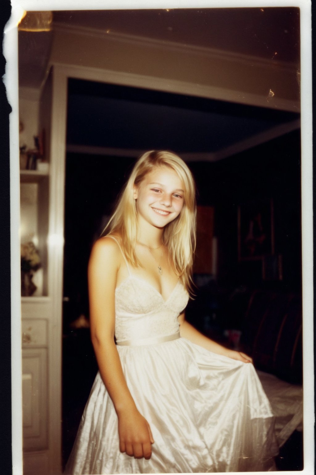 A nostalgic Polaroid photograph captures a candid moment of a beautiful blonde teenage girl, her prom dress shimmering under the soft, grainy film texture. The white border surrounds the image like a warm embrace. In the dimly lit loungeroom, she's dancing with reckless abandon, her bleary eyes and intoxication evident in her sloppy grin. Onlookers gather around, mesmerized by her carefree joy, as the clock strikes midnight, marking a night that will be forever etched in their memories.