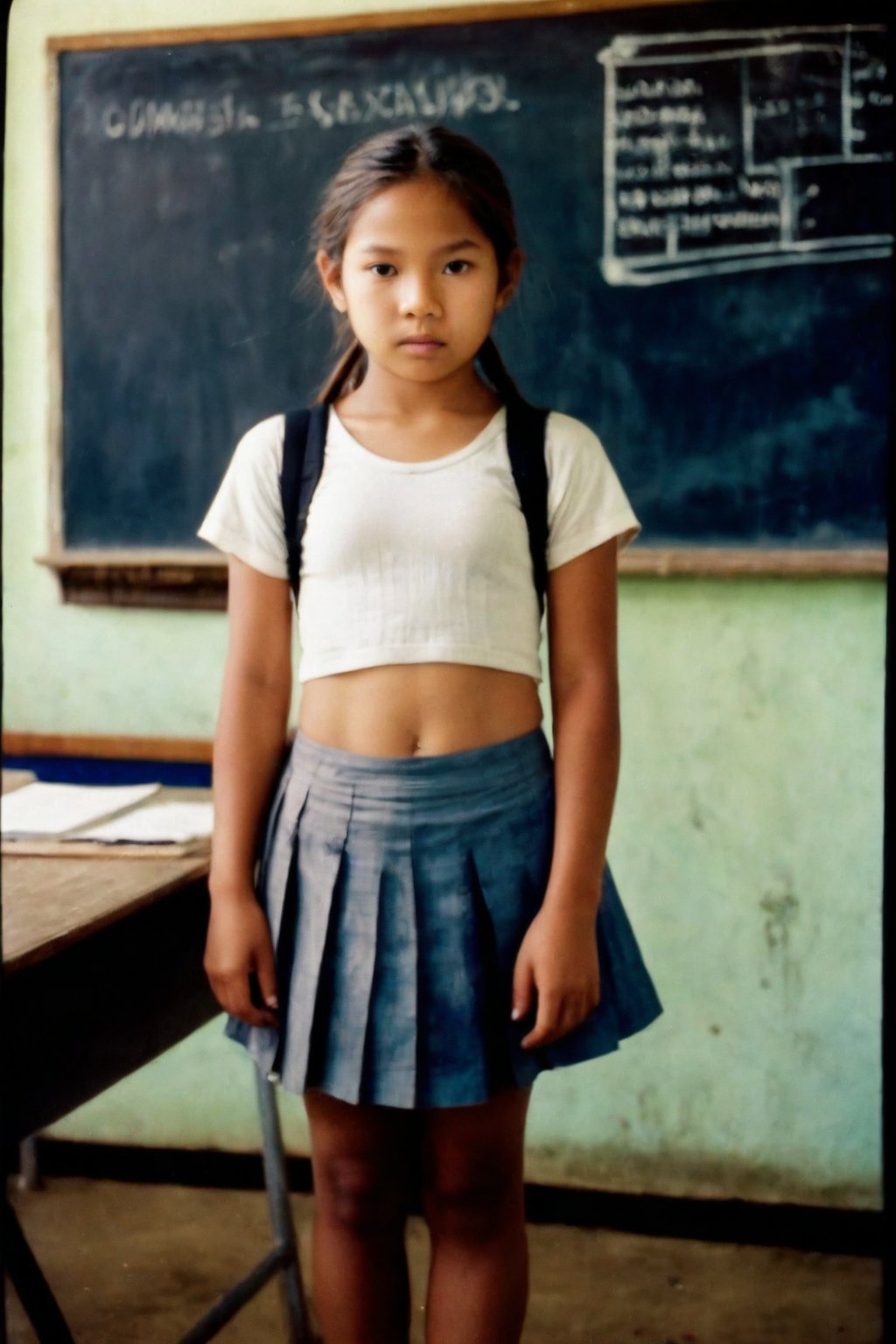 Nostalgic Polaroid snapshot of a 12 year old Cambodian girl, medium length light brown hair in a loose ponytail,  Posing in a school classroom, after class, empty classroom. The camera captures her vulnerability as she poses in a skimpy bra and school skirt, surrounded by the sterile atmosphere of the office. The grainy film texture and white border add to the intimate, candid feel of the moment. Taken from above, she looks up nervously at the camera, ready to do whatever the photographer asks of her