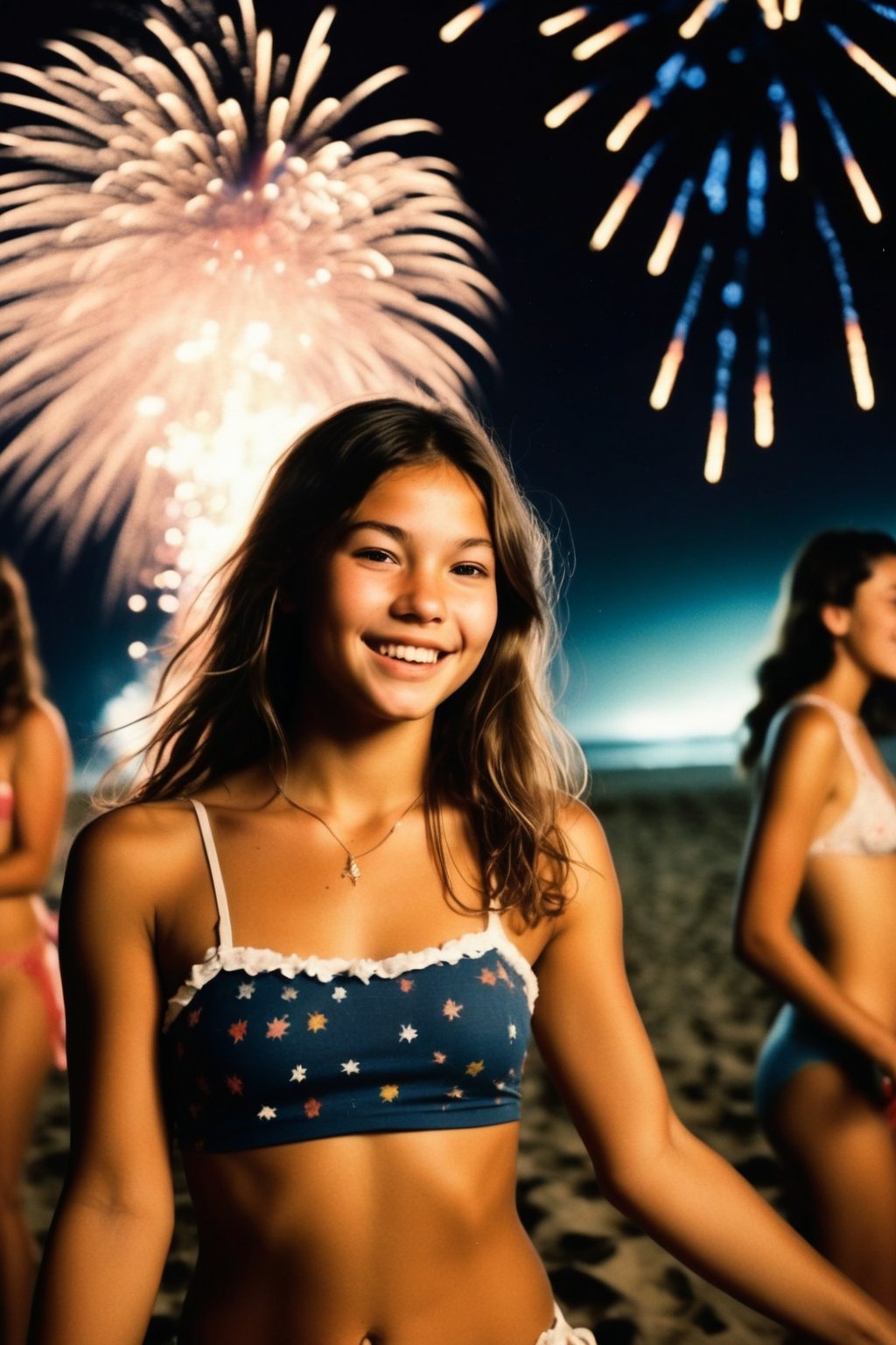 A nostalgic Polaroid photograph captures the carefree essence of a 1970's beach party. Gorgeous teenage girls, donning a bikini, radiates joy as she dances on the sandy shore under the starry midnight sky. Fireworks illuminate the darkness, casting a colorful glow on her bleary-eyed, intoxicated face. White border and grainy film texture evoke the analog photography of yesteryear. Onlookers gather around her, mesmerized by the infectious energy of this tipsy teenager, lost in the moment.