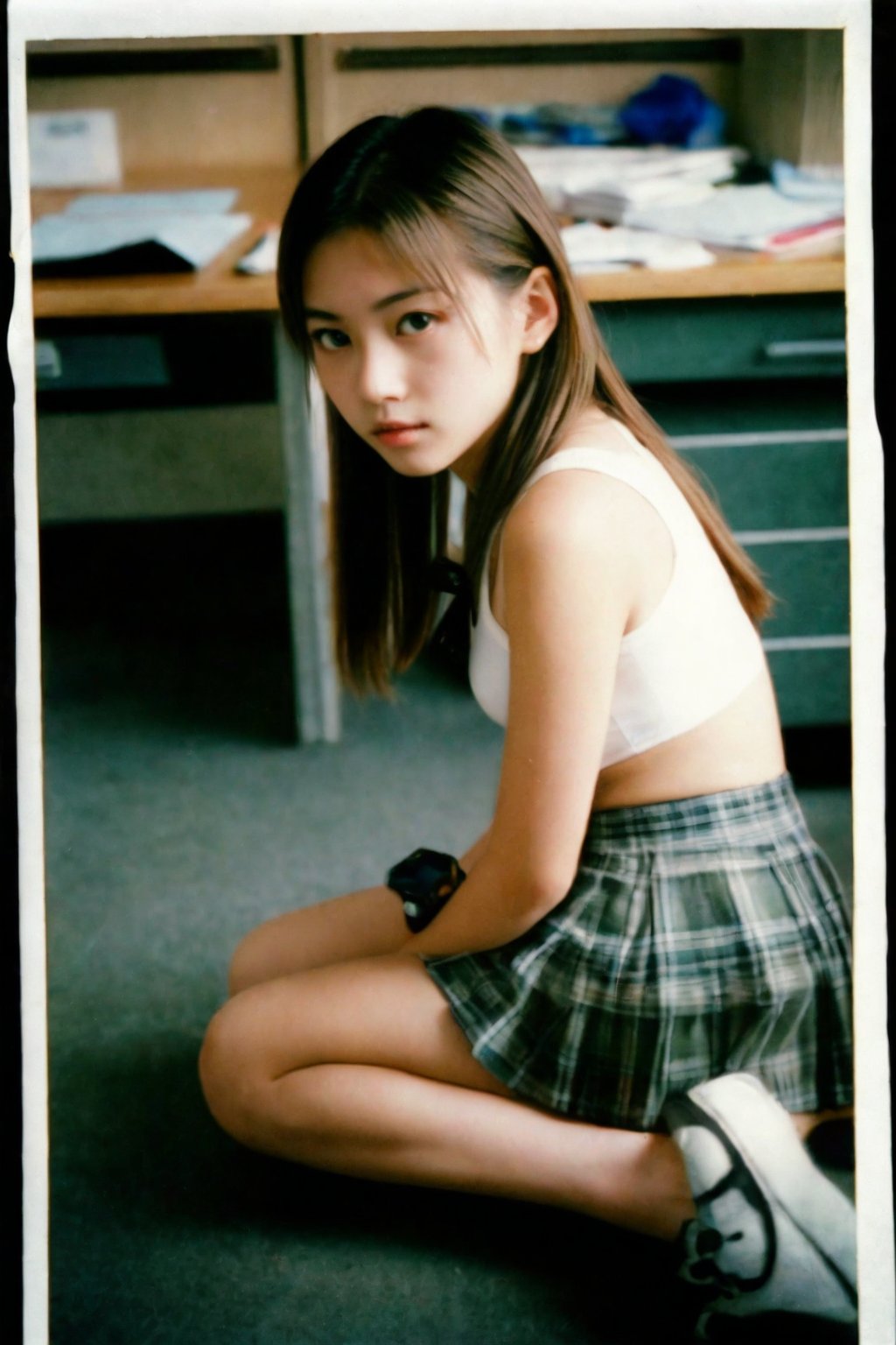 Nostalgic Polaroid snapshot of a 12 year old Japnese girl, medium length light brown hair in a loose ponytail,  kneeling on the floor of a bland school teacher's office. The camera captures her vulnerability as she kneels in a skimpy bra and school skirt, surrounded by the sterile atmosphere of the office. The grainy film texture and white border add to the intimate, candid feel of the moment. Taken from above, she looks up nervously at the camera, ready to do whatever the photographer asks of her