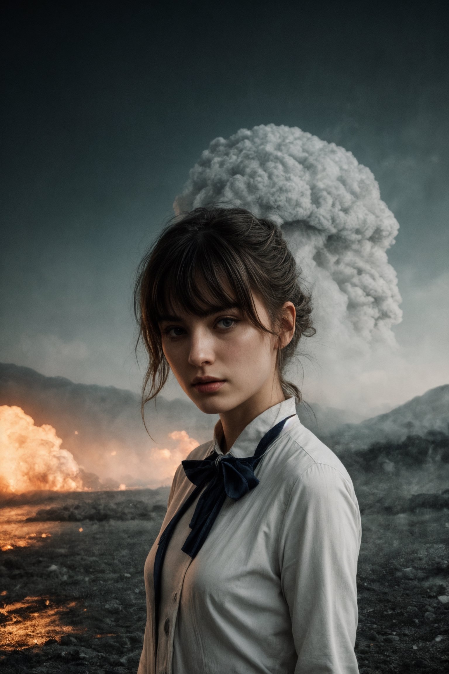 (((masterpiece))),best quality, illustration,(beautiful detailed girl),beautiful detailed glow,((flames of war)),(((nuclear explosion behide))),rain,detailed lighting,detailed water,(beautiful detailed eyes),expressionless,palace,azure hair,disheveled hair,long bangs,hairs between eyes,(whitegrey dress),black ribbon,white bowties,midriff,big forhead,blank stare,flower,long sleeves