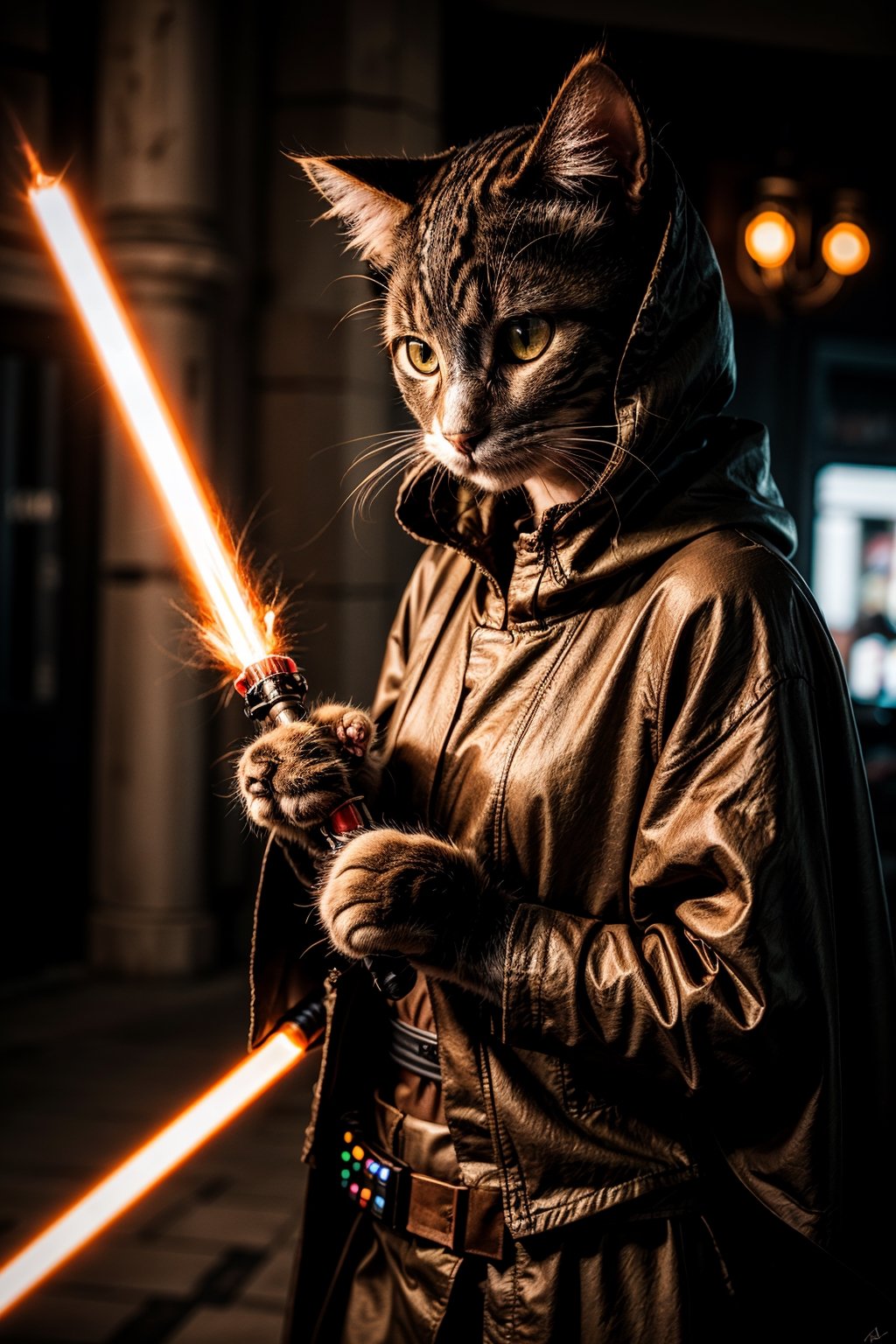 (cat:1.3), a master jedi cat, star wars, holding lightsaber, wearing a jedi cloak hood, photorealistic,cat