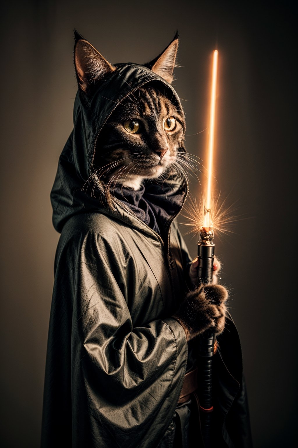 (cat:1.3), a master jedi cat, star wars, holding lightsaber, wearing a jedi cloak hood, photorealistic,cat