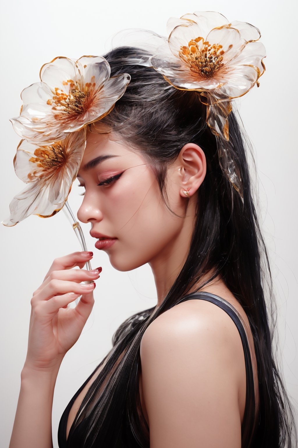 a close up of a side profile photograpy of an attractive korean beautiful model, wearing a head ornament like a mask ornated with flowers made of transparent glass, covering face, mouth cover made of transparent glass material, chic photography, dark studio, artistic model pose, magical, epic pose, large flower, size contrast, transparent flower, glass flower, (close up shot 1:1) lights shine on the face, dramatic shadows, epic shadows, cinematic lighting, dark photography, alluring pose, glass statue, attractive pose, view from below, looking upward, shot from below, perspective view, dynamic perspective, dynamic angle, dynamic pose, fashion editorial photography, master piece, hyper realistic, real skin, natural light, dreamy, surreal, enchanting, back lit photography, dramatic lighting, high contrast, studio photography, portrait photography, hourglass bodyshape, perky breast, sensual, large flowers, gigantic flowers, large petals, exotic flowers, monumental scale, museum quality, large glass statue, enormous glass flower