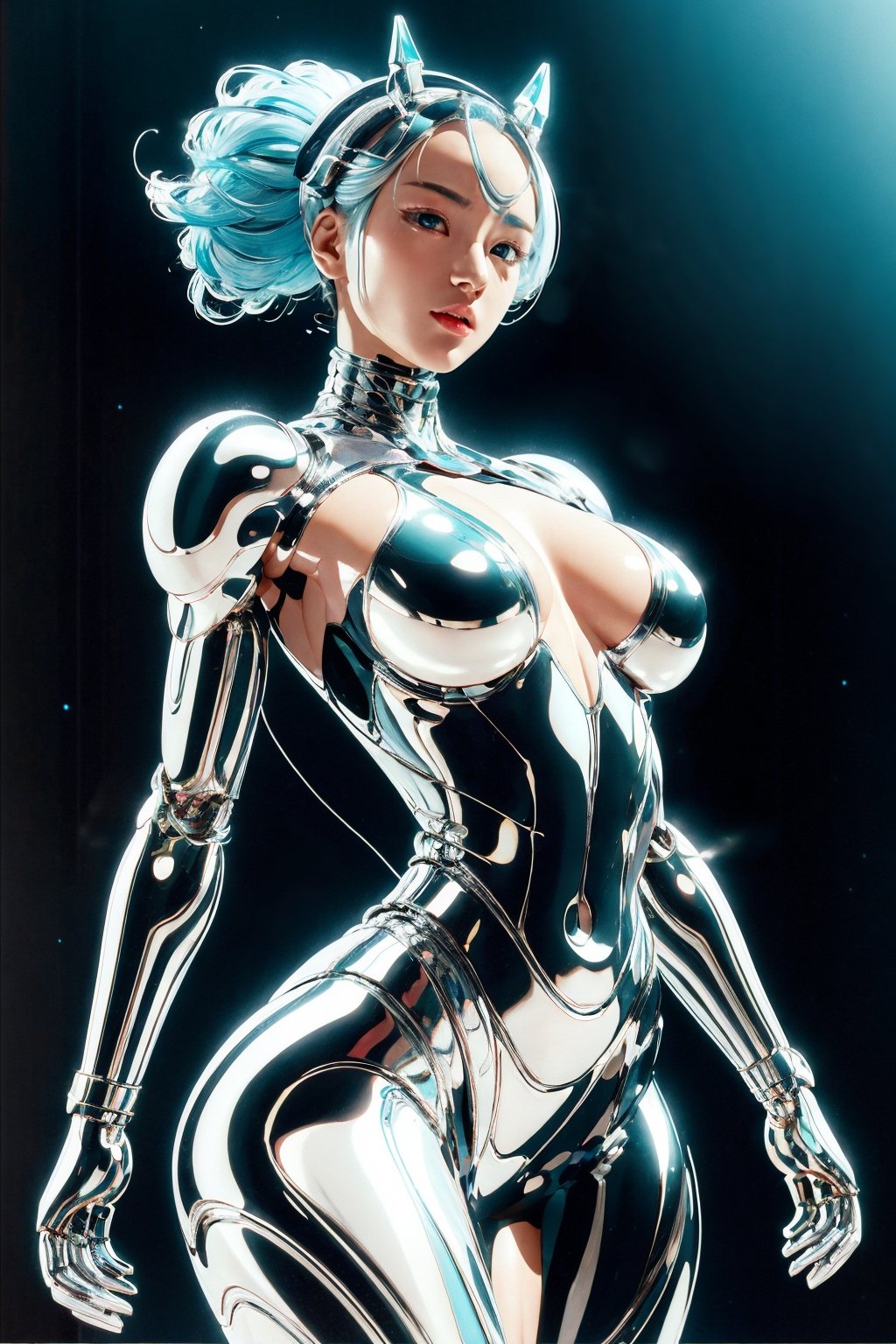 1girl,solo, cyan color, cyborg style, cyborg, wire, cable, android, mechanical body part, hd, looking_at_viewer,