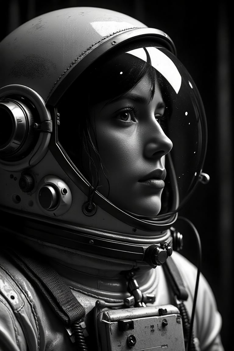 ((((This Panavision 70mm camera This image is a photograph. This is a black-and-white Close-up portrait featuring a astron...