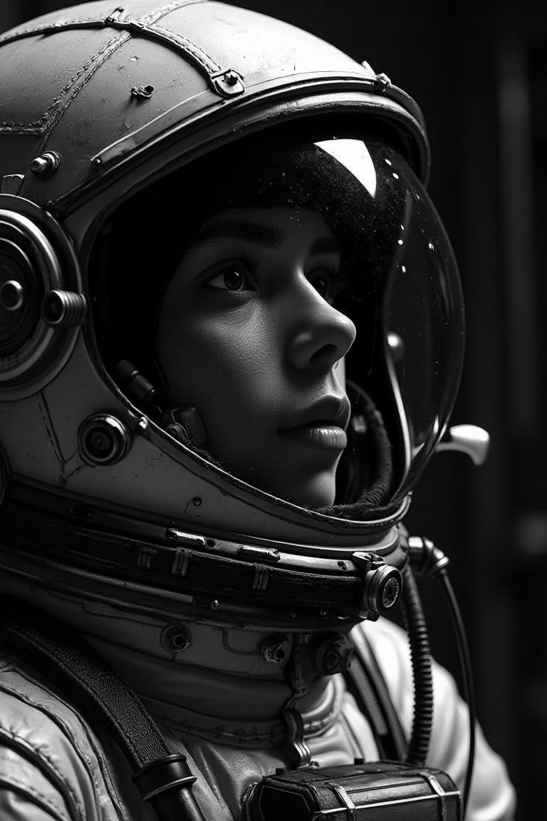((((This Panavision 70mm camera This image is a photograph. This is a black-and-white Close-up portrait featuring a astron...