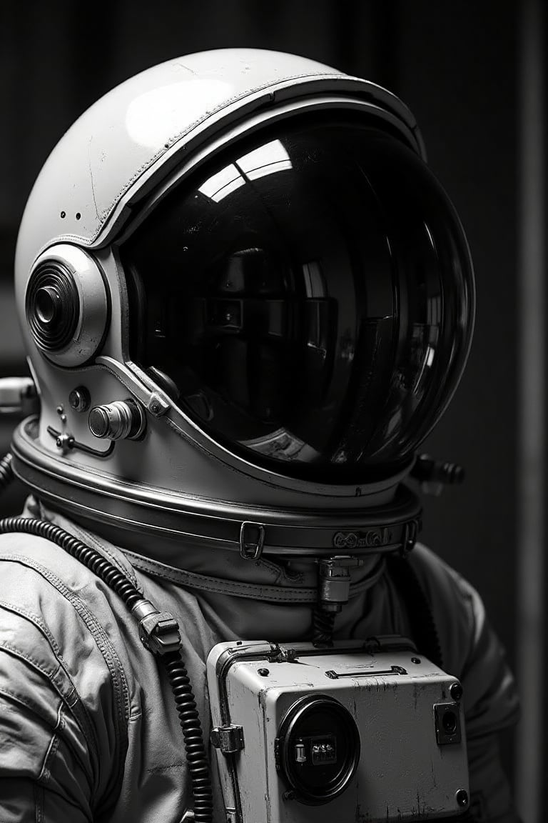 ((((This Panavision 70mm camera This image is a photograph. This is a black-and-white Close-up portrait featuring a astron...