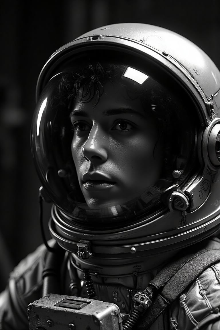 ((((This Panavision 70mm camera This image is a photograph. This is a black-and-white Close-up portrait featuring a astron...