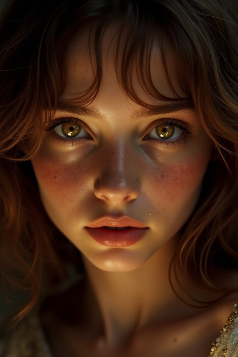 ((( image of a nymph, illuminated face, luar hair, iridescent, bright and brown eyes, smelling for the spectator with innocent and gentle, yellowish shine in our eyes, pure and delicate smile, smelling for the spectator, brown hair with red highlights, smooth and soft hair  with some pores appearing, large cilia, a gentle innocent smell and a glow of tenderness, canon 850 f1.6  --sref1196370283 --sw 55 --stylize 1000 --quality 5 --ar 3 #prvbezcedk:0.8)))
(((by Rembrandt style,by caravaggio style)))