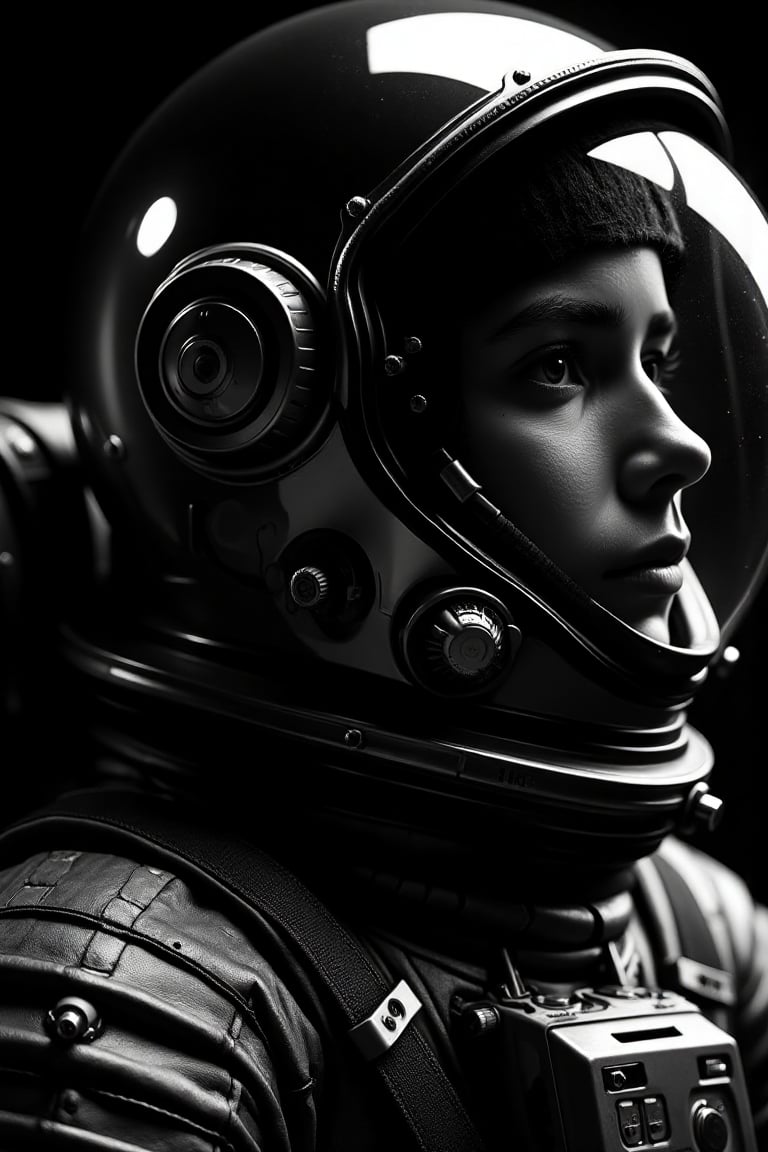 ((((This Panavision 70mm camera This image is a photograph. This is a black-and-white Close-up portrait featuring a astron...