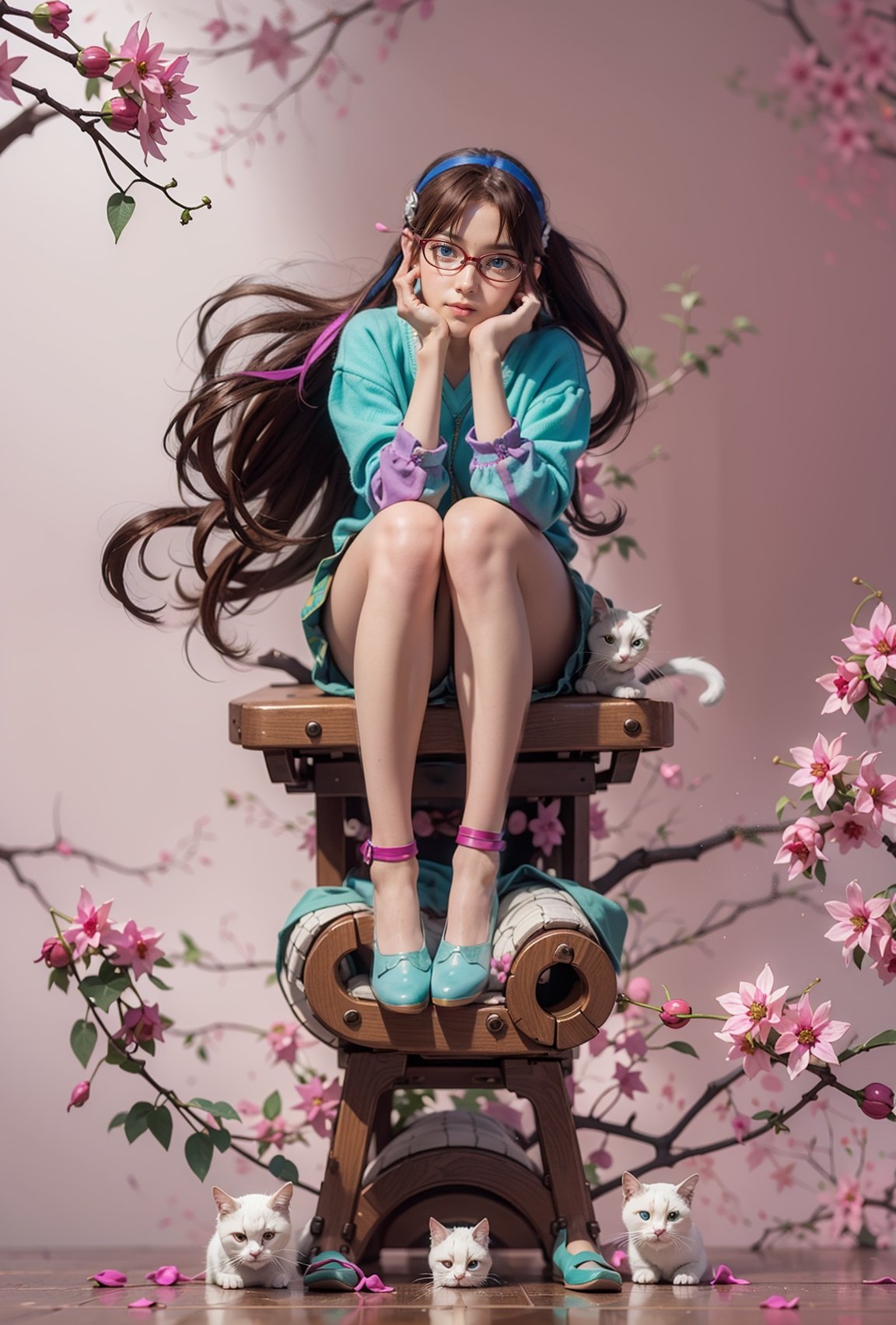 masterpiece, photo quality, 4k, full shot:1.2, fine strokes, ultra detailed, mari makinami, pensive, sitting, ((fuchsia background:1.5)), colorful:1.2, cats, thighs, wide hips, medium breasts, hairband, ((glasses:1.2)), red frames, teal eyes, detailed eyes, brown hair , detailed hair, light skin, short skirt, shoes, intrinsic details, makinami_mari_illustrious:1.2