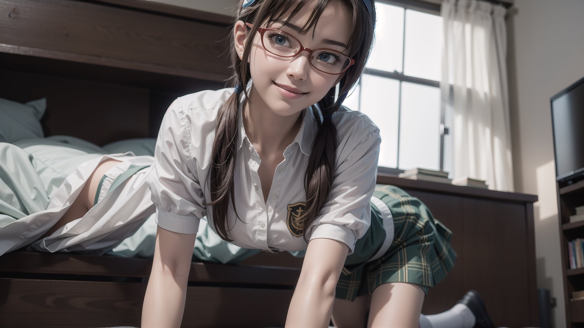 masterpiece,  photographic quality,  4k,  intrinsic details,  fine strokes,  vivid colors,  mari illustrious makinami;1.2,  hairband,  school uniform,  glasses,  red frames,  teal eyes,  detailed eyes,  light skin,  dark nylon stockings,  white blouse,  medium breasts,  kneeling woman,  quality smile,  full shot,  perspective,  room,  dark,  tv,  video games,  bed,  lying down