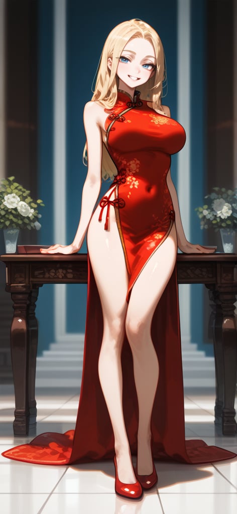  A 21years old girl wearing a cheongsam dress, long hair, blonde hair, smiling, sexy posing, Young beauty, beautiful blue eyes, red color lips, full body picture, slim body, big breasts, sexy posing, contrapposto, vivid color, masterpiece, best quality, amazing quality, very aesthetic, absurdres, depth of field, score_9, score_8, score_7, score_6,sexy girl, crawl on a floor 