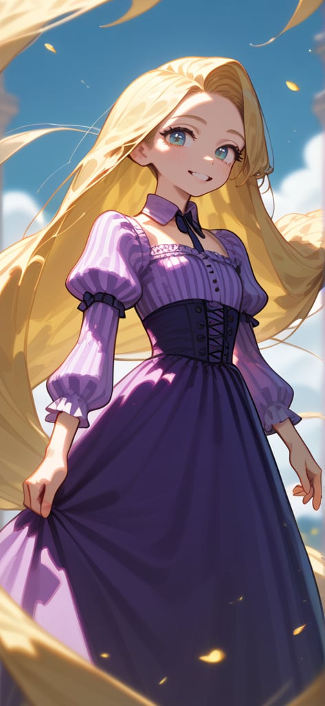 Rapunzel has long, golden blonde hair that reaches far past her feet, which is a defining feature of her character. She has large, expressive green eyes and a fair complexion with a gentle, youthful look. Her attire typically includes a purple dress with a fitted bodice, puffed sleeves, and a flowing skirt. The dress often features intricate patterns and details, emphasizing her royal background and adding to her enchanting appearance.
sexy posing, contrapposto, vivid color, masterpiece, best quality, amazing quality, very aesthetic, absurdres, depth of field, score_9, score_8, score_7, score_6,