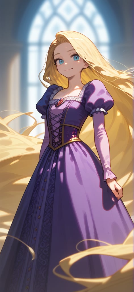 Rapunzel has long, golden blonde hair that reaches far past her feet, which is a defining feature of her character. She has large, expressive green eyes and a fair complexion with a gentle, youthful look. Her attire typically includes a purple dress with a fitted bodice, puffed sleeves, and a flowing skirt. The dress often features intricate patterns and details, emphasizing her royal background and adding to her enchanting appearance.
sexy posing, contrapposto, vivid color, masterpiece, best quality, amazing quality, very aesthetic, absurdres, depth of field, score_9, score_8, score_7, score_6,