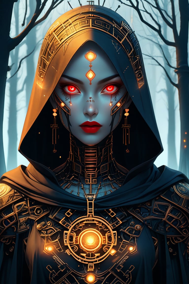 Cyberpunk priestess, pale face with intricate circuitry tattoos. Glowing red eyes, black lips. Ornate golden hood, dark robe. Mechanical neck and chest visible. Eerie forest background. Hyper-detailed, dramatic lighting, digital art style. Gothic and futuristic blend