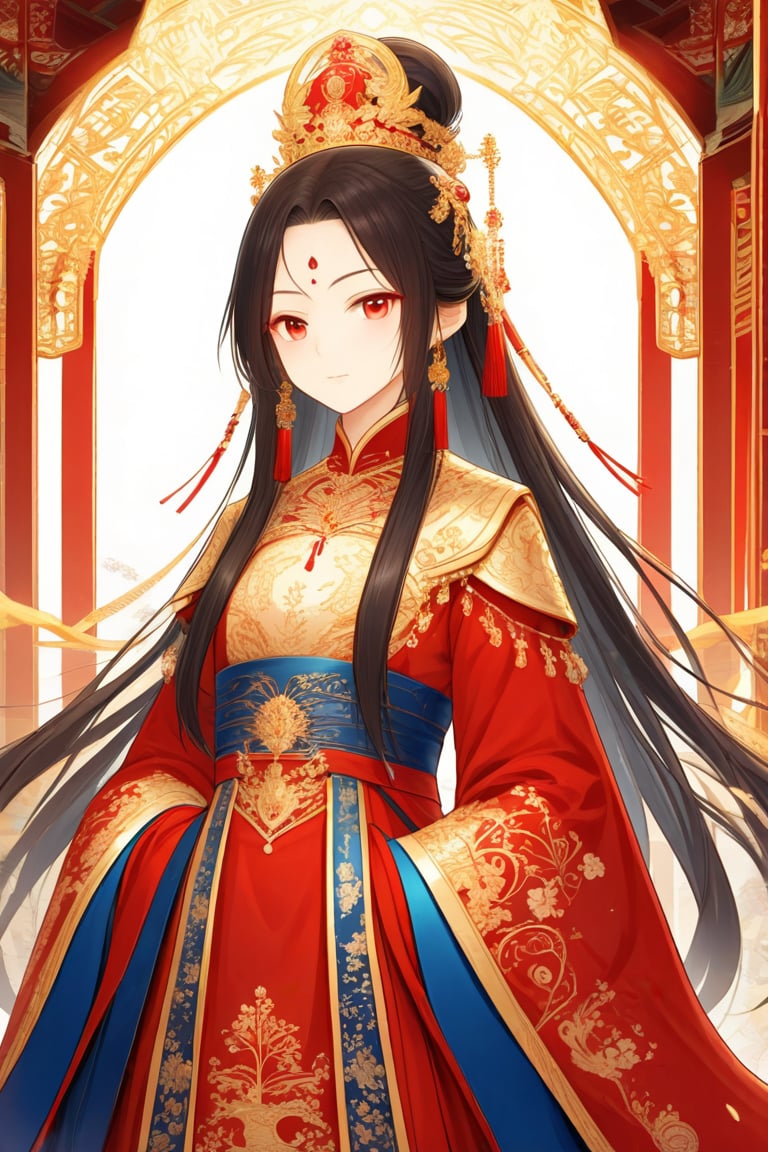 chinese girl,Female game character, long hair, Diaochan style, classical beauty, delicate skin, gentle gaze, ornate attire, golden embellishments, palace background, fine lighting, wide-angle shot, natural light, graceful posture, red and gold combination, mysterious and noble.in clothes