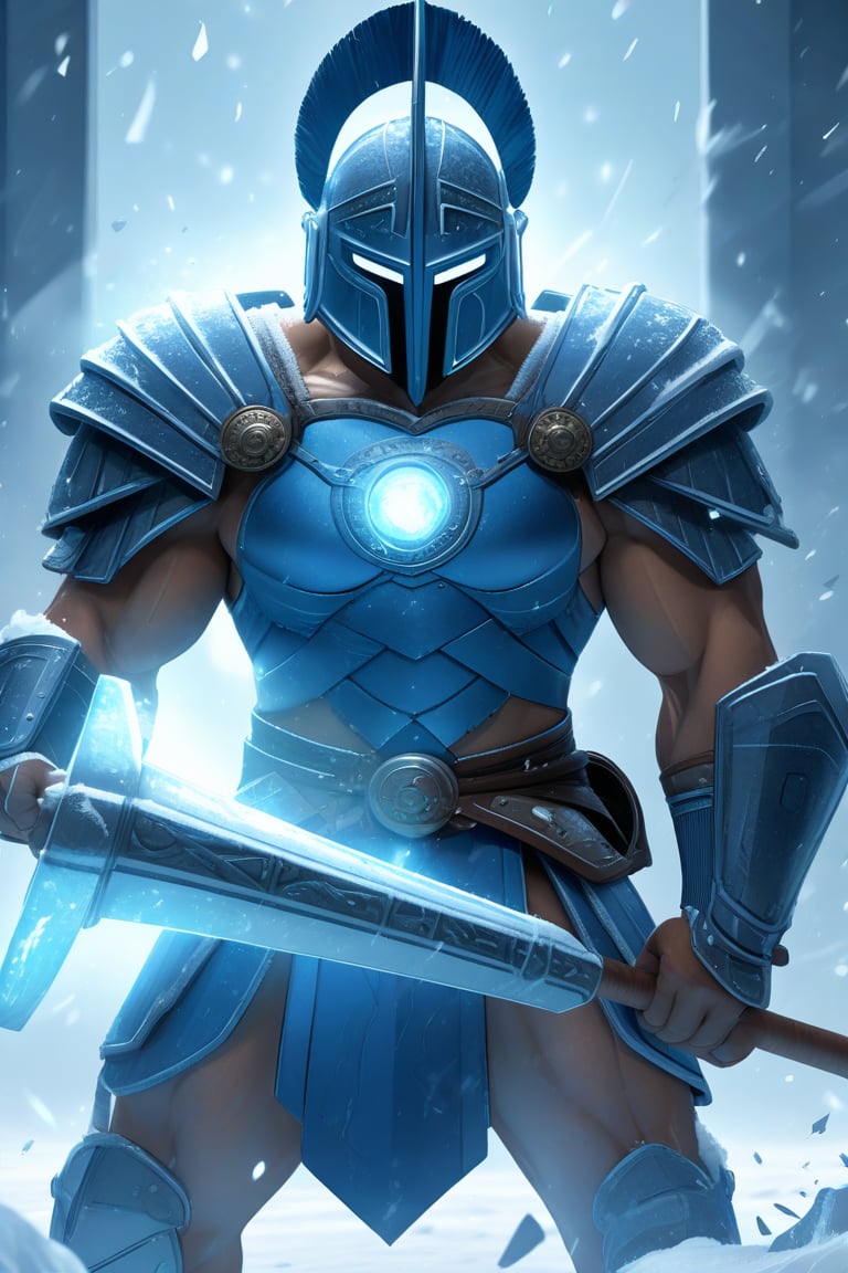 A gladiator in icy blue armor emitting a frosty aura. His helmet has sleek, aerodynamic lines, and he wields a massive frost-covered hammer. His cold, determined eyes are visible through his helmet. The arena's cool, ethereal light casts a chill, with ice particles and vapor enhancing the frozen, majestic scene.