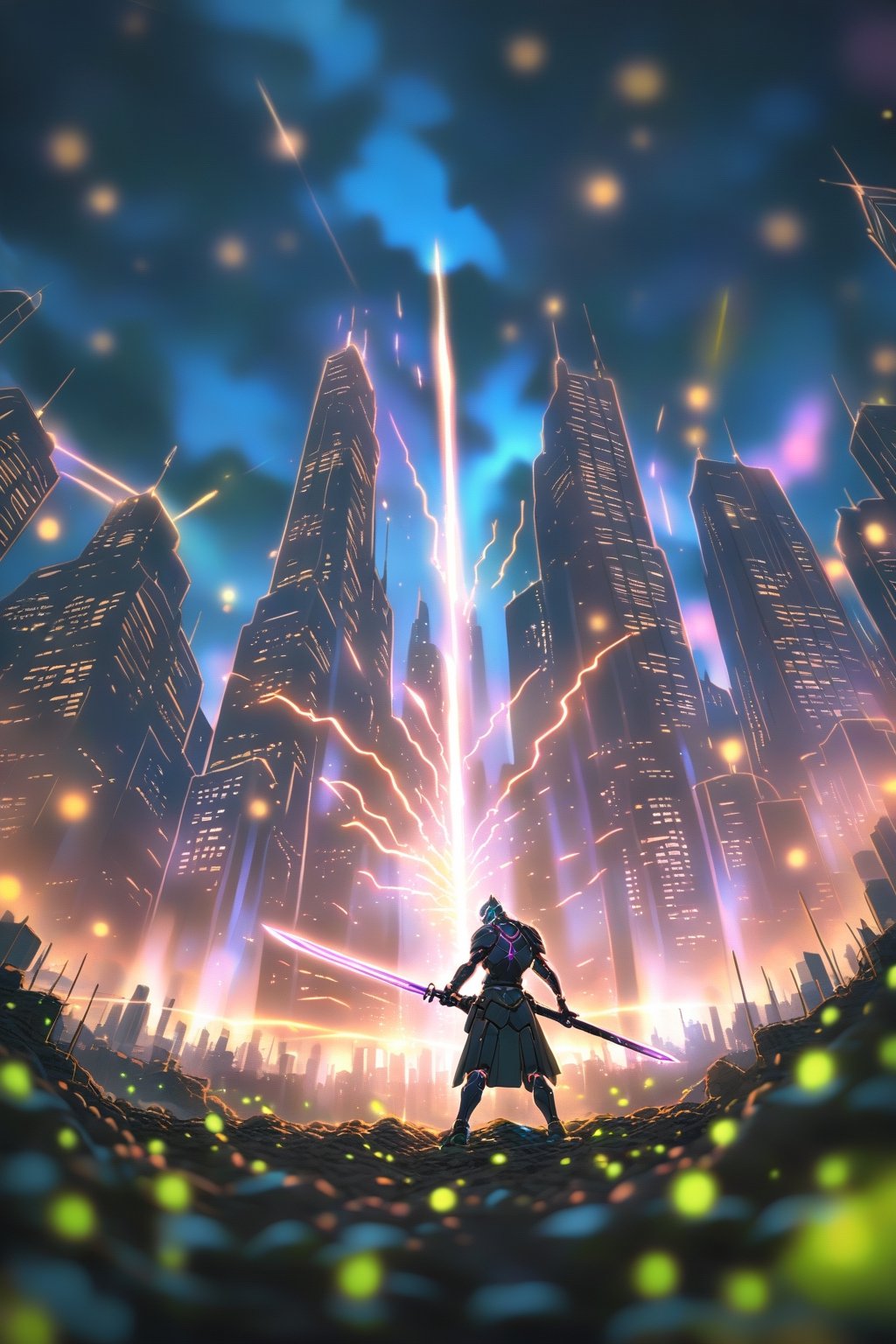 Imagine a futuristic cybernetic samurai wielding a blade crackling with electric energy, standing amidst a neon-lit cityscape of pulsating colors and towering skyscrapers reaching towards the heavens.