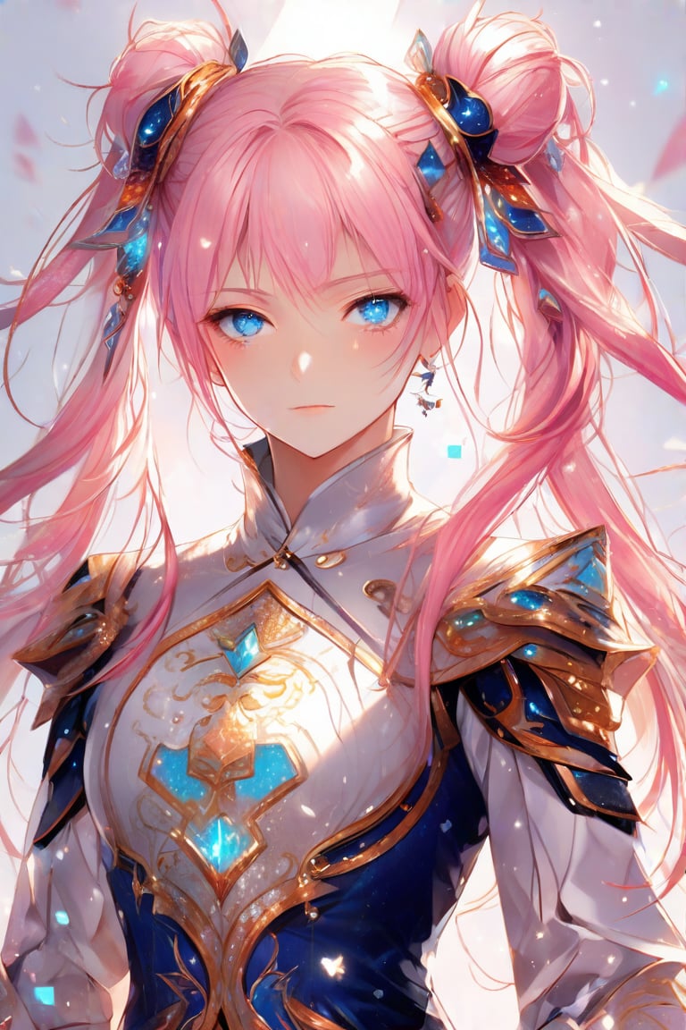 Beautiful girl. She is very badass, she wears a very luxurious outfit. detailed image, detailed skin, upper body, looking at viewer, twintails cut. Pink hair, blue eyes. White background, ((masterpiece: 1.2)), light particles, light particles in background, Anime style.,enamel color