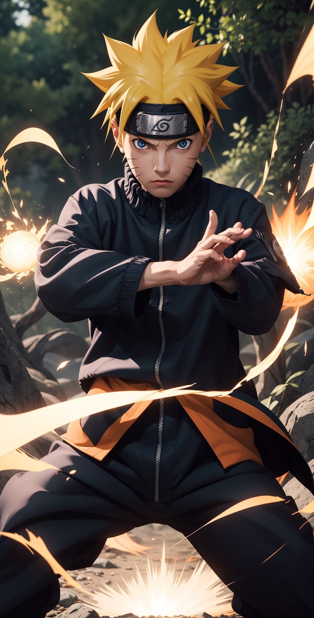 "Generate an image of Naruto Uzumaki from the popular anime series 'Naruto' using his signature jutsu, the 'Rasengan.' Naruto stands with determination, his blond hair flowing, and his bright blue eyes focused. He holds his palm out, surrounded by swirling chakra that forms the Rasengan, a spiraling sphere of energy. The scene is set against a backdrop of a lush forest, with leaves rustling in the wind as Naruto's power radiates through the air. Capture the essence of Naruto's spirit and determination as he unleashes his formidable ninja abilities.",n4rut0