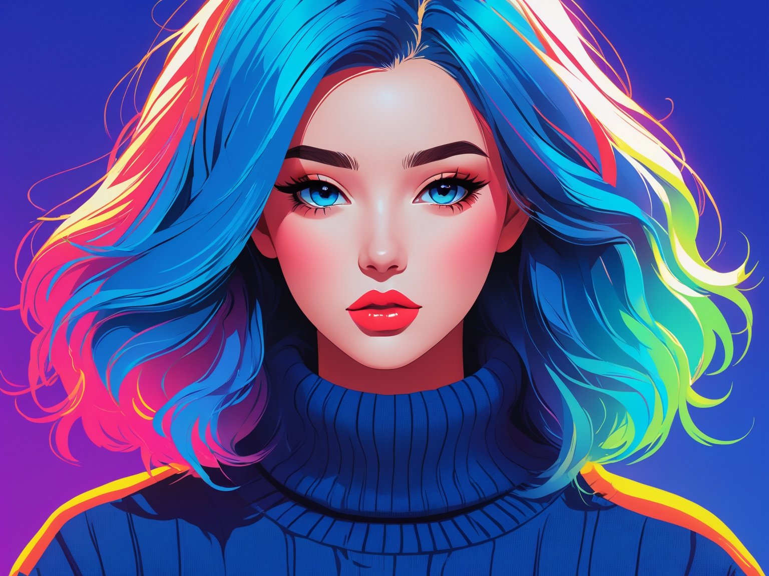 shadow flat vector art, illustrator, anime , realistic ,sketch , 1girl, ,lip, Sweater,order, Blue gradient background, Neon hair,Textured crop