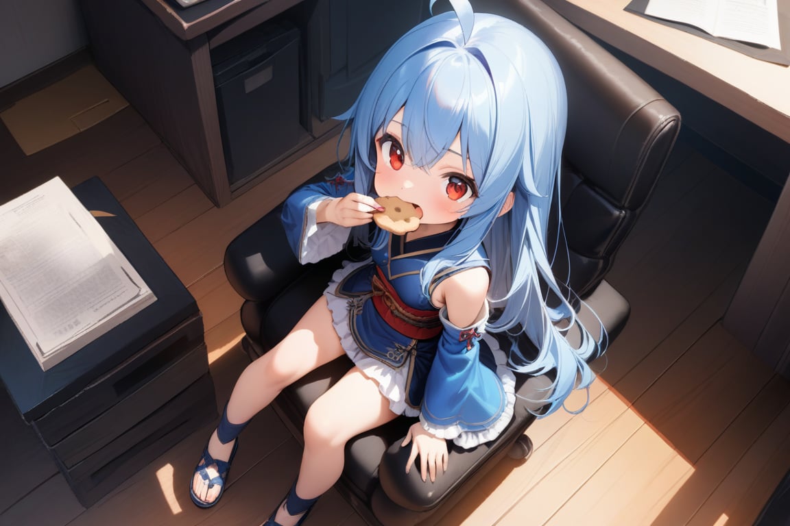 {{{loli}}},four fingers and a thumb,,nice hands, perfect hands, best quality, highly detailed, masterpiece, ultra-detailed, illustration, best quality, highly detailed, masterpiece, ultra-detailed, illustration, long hair, blue hair, red eyes, {{masterpiece}}, small breasts, ahoge, 1girl, {{{blue chinese clothes}}}, {{{{{{{{blue tabard}}}}}}}}, detached sleeves, {{wide sleeves}}, long sleeves, {{frilled sleeves}}, blue skirt, {{frilled skirt}}, {{miniskirt}}, {{obi}}, blue stockings, open toe sandals, Indoors, office, girl sitting on sofa chair eating cookies,Happy, Chewing Cookies