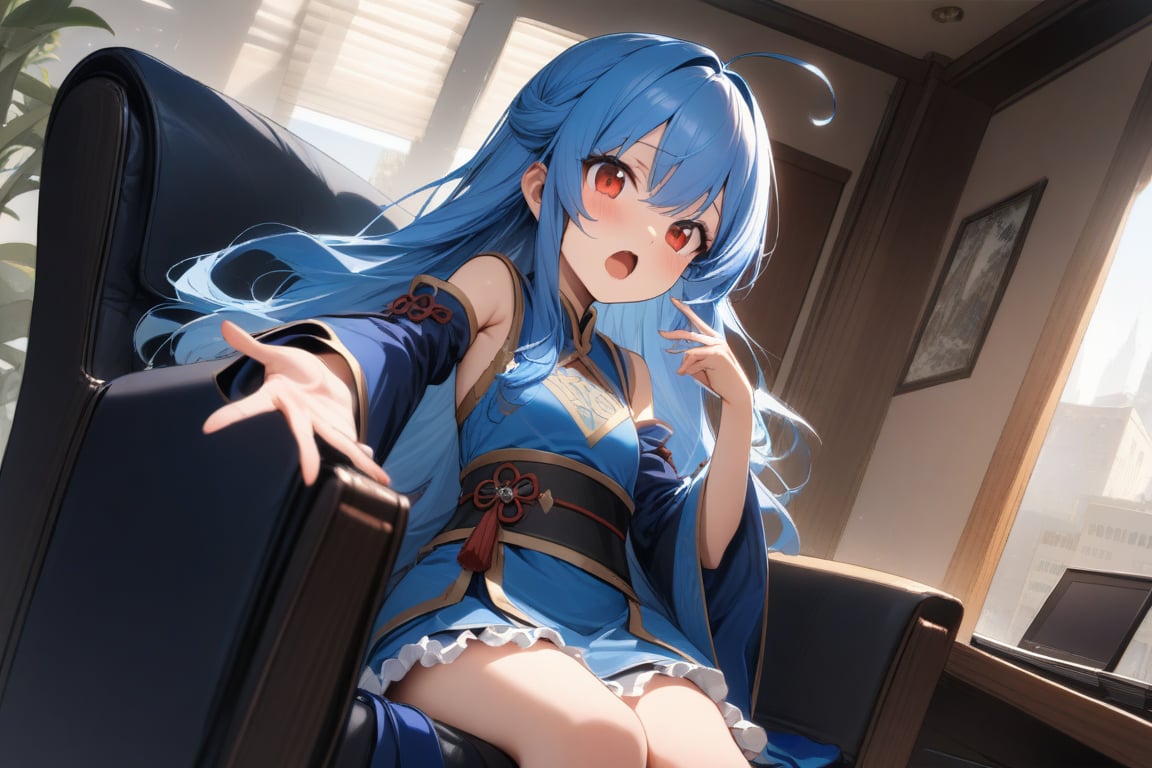 {{{loli}}},four fingers and a thumb,,nice hands, perfect hands, best quality, highly detailed, masterpiece, ultra-detailed, illustration, best quality, highly detailed, masterpiece, ultra-detailed, illustration, long hair, blue hair, red eyes, {{masterpiece}}, small breasts, ahoge, 1girl, {{{blue chinese clothes}}}, {{{{{{{{blue tabard}}}}}}}}, detached sleeves, {{wide sleeves}}, long sleeves, {{frilled sleeves}}, blue skirt, {{frilled skirt}}, {{miniskirt}}, {{obi}}, blue stockings, open toe sandals, Indoors, office, girl sitting on sofa chair ,yawning