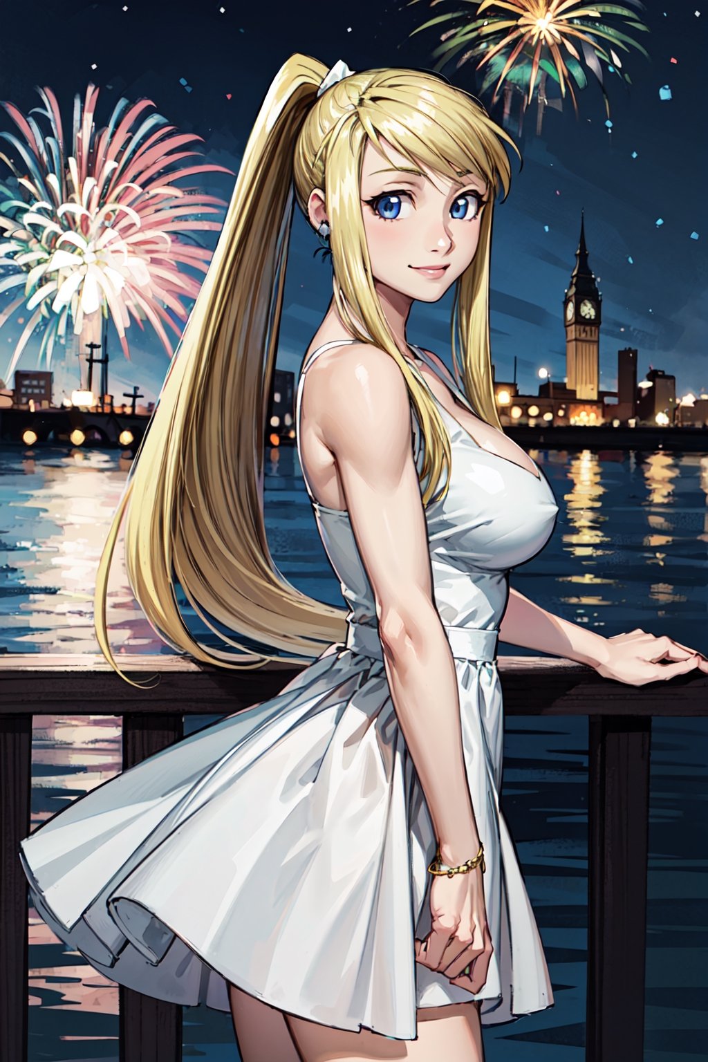 
1girl, masterpiece, best quality, pixiv sample, blonde hair, long hair, ponytail, white ribbon, small smile, pink lips, huge breasts, real blue dress, on the bridge, Fireworks, night view, coffee,winry_rockbell