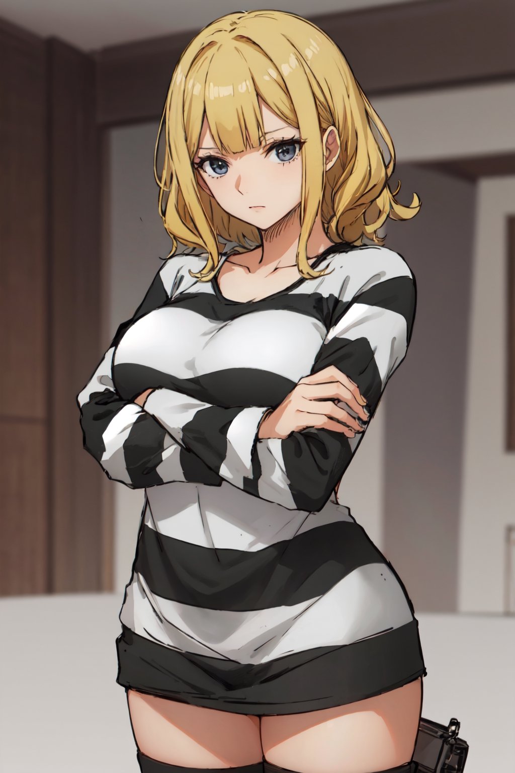 masterpiece, best quality, highres, 2d, masterpiece, best quality, anime, highly detailed face, perfect lighting, wano, 1girl, solo, short hair, wavy hair, bangs, large breasts, long sleeves, blonde, PrisonerCh, striped prison shirt, black and white stripes,
,wano, upper_body, arms_crossed, standing, o neck