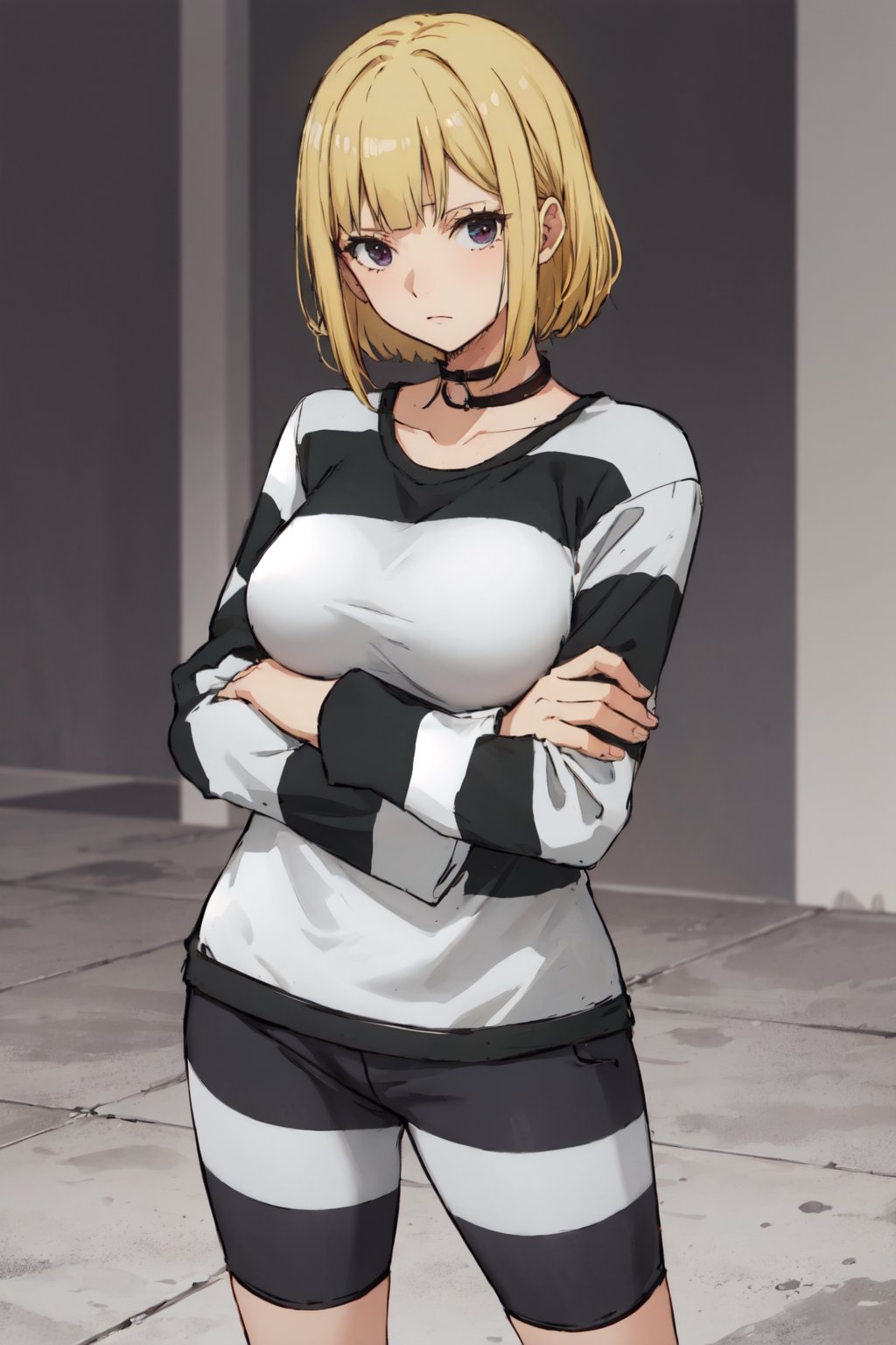 masterpiece, best quality, highres, 2d, masterpiece, best quality, anime, highly detailed face, perfect lighting, wano, 1girl, solo, short hair, wavy hair, bangs, large breasts, long sleeves, blonde, PrisonerCh, striped prison shirt, black and white stripes,
,wano, upper_body, arms_crossed, standing, o neck