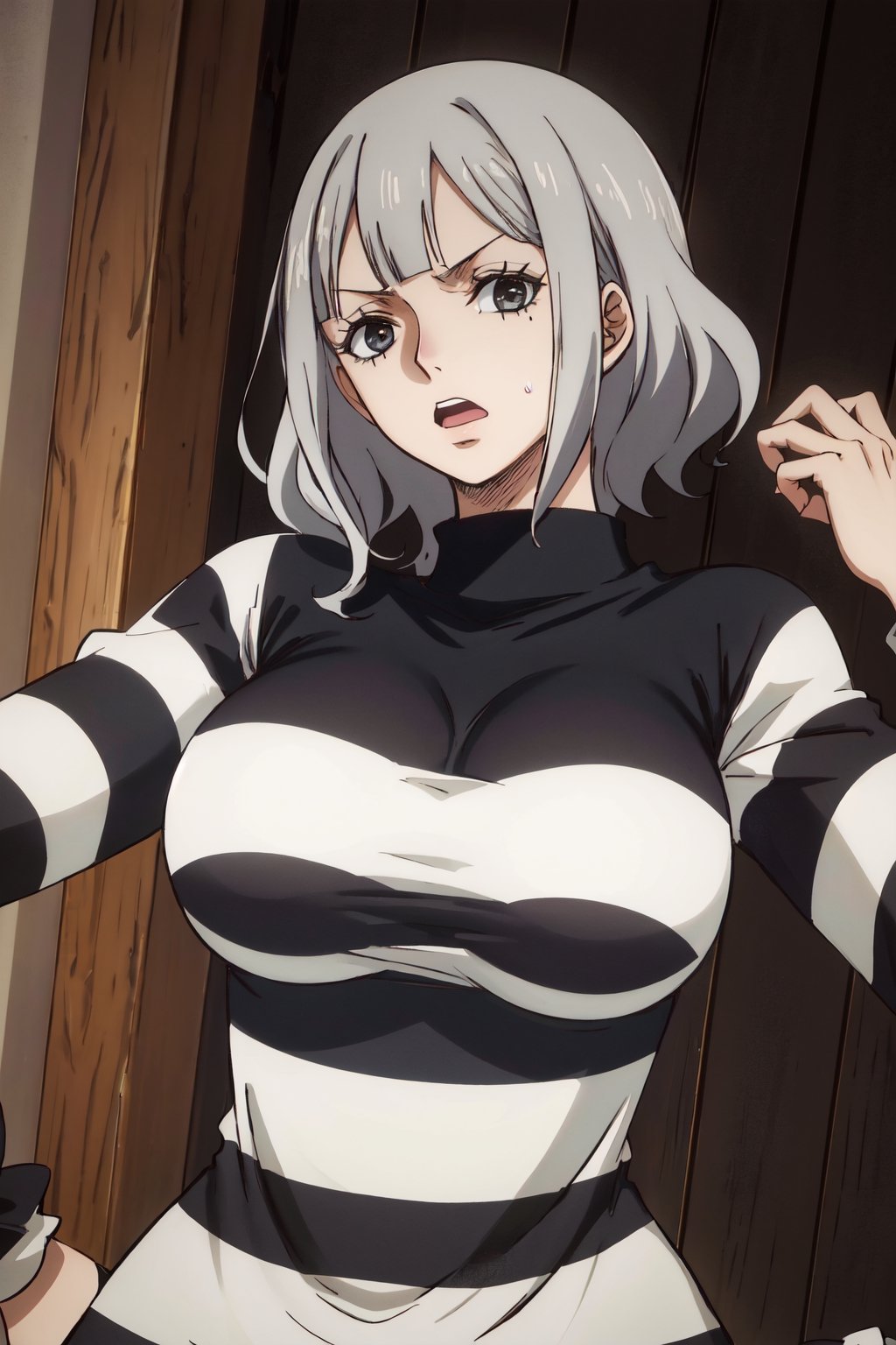 masterpiece, best quality, highres, 2d, masterpiece, best quality, anime, highly detailed face, perfect lighting, wano, 1girl, solo, short hair, wavy hair, bangs, large breasts, long sleeves, ((dark skin)), silver hair, PrisonerCh, striped prison shirt, black and white stripes,
,wano,Ulti