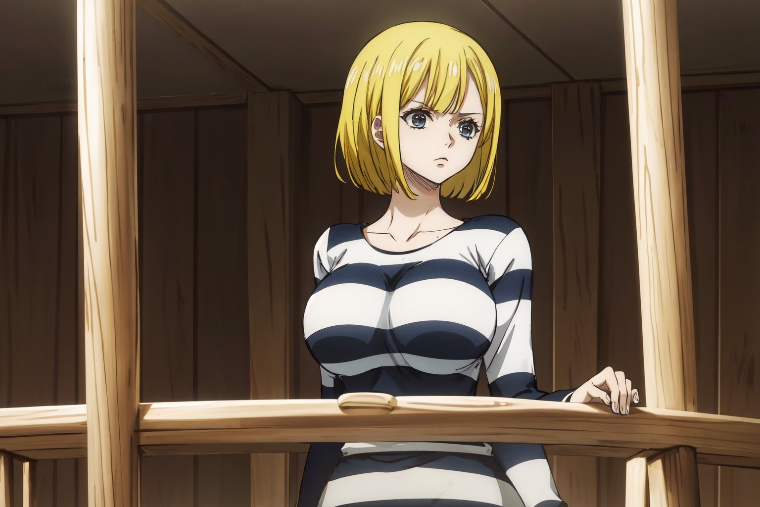 masterpiece, best quality, highres, 2d, masterpiece, best quality, anime, highly detailed face, perfect lighting, wano, 1girl, solo, short hair, wavy hair, bangs, large breasts, long sleeves, blonde, PrisonerCh, striped prison shirt, black and white stripes,
,wano, upper_body, arms_crossed, standing, o neck