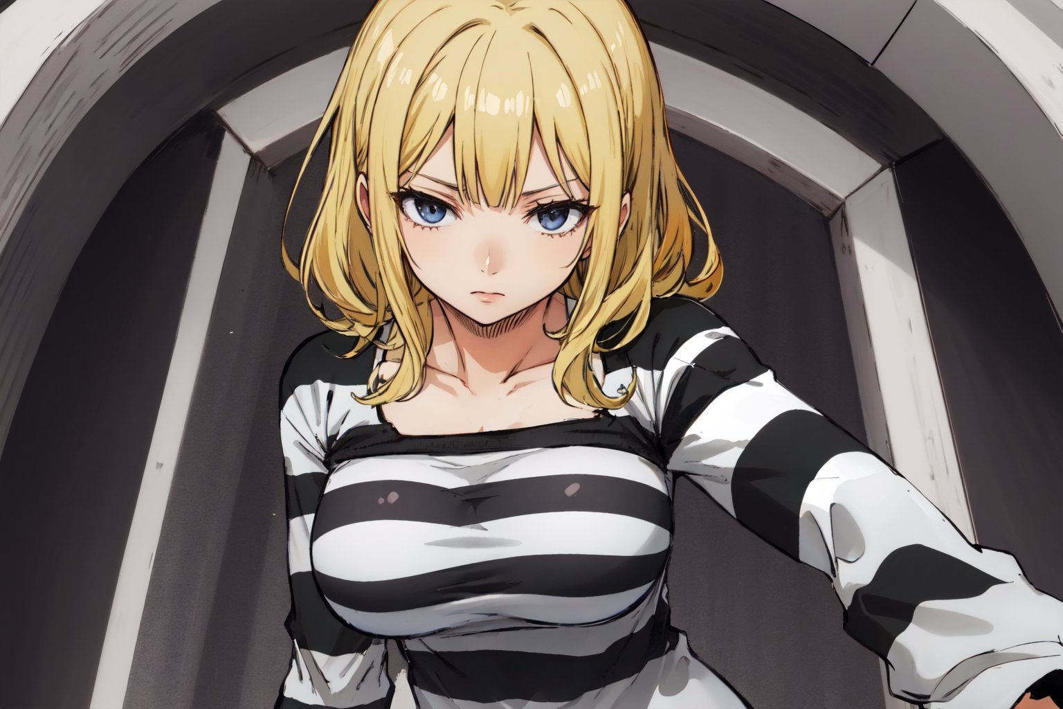 masterpiece, best quality, highres, 2d, masterpiece, best quality, anime, highly detailed face, perfect lighting, wano, 1girl, solo, short hair, wavy hair, bangs, large breasts, long sleeves, blonde, PrisonerCh, striped prison shirt, black and white stripes,
,wano, upper_body, arms_crossed, standing, o neck