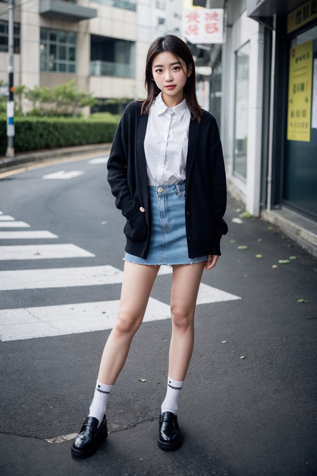 Fujifilm, hyperealistic, Full body portrait, a beautiful 18 years old Hong Kong student girl,1girl, wearing a short blue cheongsam with a black long sleeve cardigan, white socks