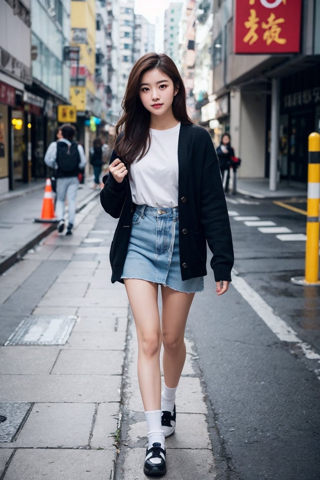 Fujifilm, hyperealistic, Full body portrait, a beautiful 18 years old Hong Kong student girl,1girl, wearing a short blue cheongsam with a black long sleeve cardigan, white socks, walking towards camera, looking at viewers, look very shy