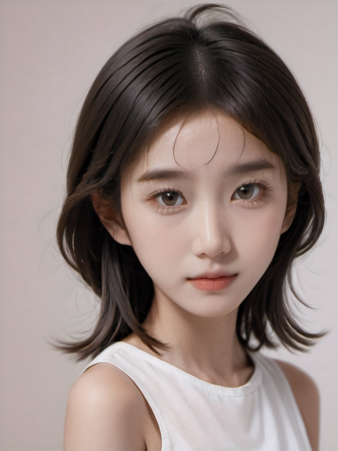 A full body portrait of a Taiwanese girl,(masterpiece, 8k, photorealistic, RAW photo, best quality, sharp: 1),highly detailed face, beautiful face, (realistic face), beautiful hairstyle, realistic eyes, beautiful detailed eyes, (realistic skin), beautiful skin, ultra high res, ultra realistic, highly detailed, high nose, slim body, slender girl, detailed bust, slim thighs, slim legs, small hip, hair band, (blank background:1.1), (looking away:0.3), (from side:0.4) (age 12-15, European preteen, a pretty girl:1.4), (short hair, bob hair, beautiful hairstyle:1.2), (midriff:1.1), (model posing:1.2) full body picture 