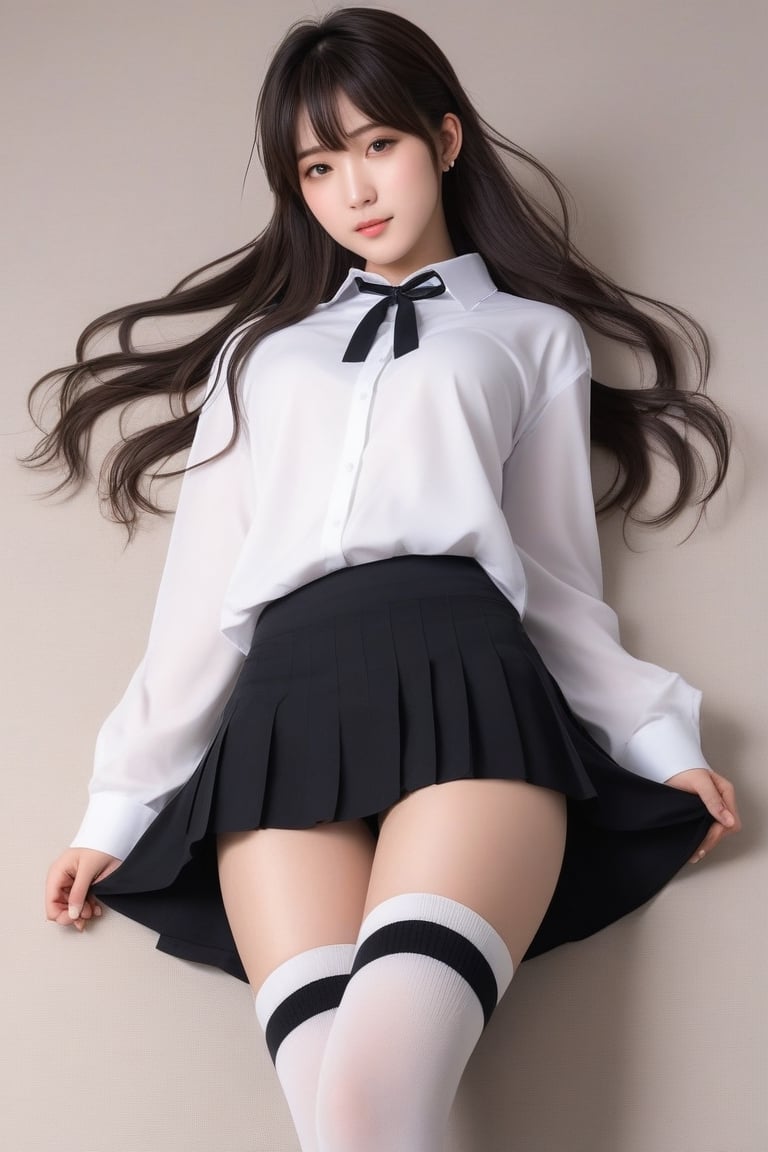 Meet the embodiment of Japanese beauty - a 22-year-old girl with a face that could make angels weep and a body that could make Aphrodite jealous. Her black socks and miniskirt add a touch of edginess to her otherwise angelic appearance, while her white shirt hints at a hidden sensuality. This full-body render is a masterpiece of detail and style.,aesthetic portrait,Extremely Realistic