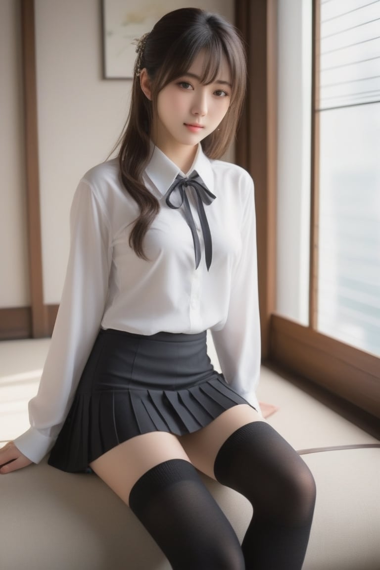 Meet the embodiment of Japanese beauty - a 22-year-old girl with a face that could make angels weep and a body that could make Aphrodite jealous. Her black socks and miniskirt add a touch of edginess to her otherwise angelic appearance, while her white shirt hints at a hidden sensuality. This full-body render is a masterpiece of detail and style.