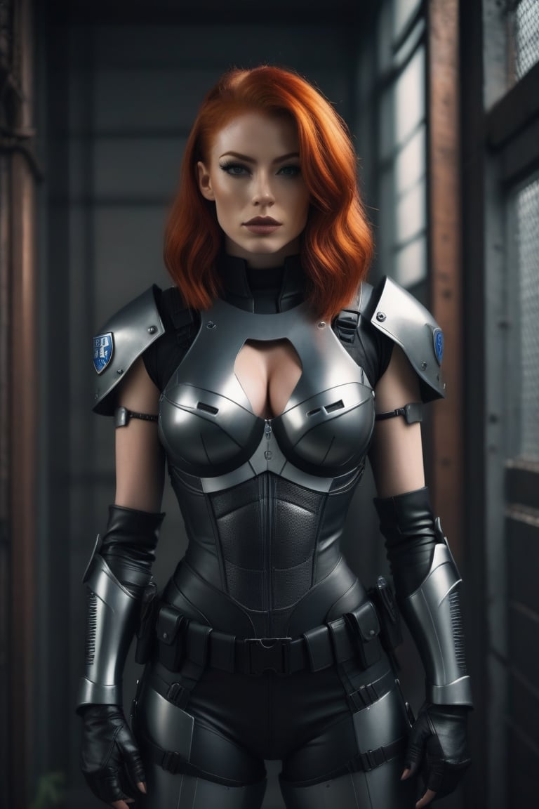 a sexy redhead woman in a sexy, tight, short, slim fit police armour, cyberpunk ambient,p3rfect boobs,cinematic  moviemaker style,photo r3al,aesthetic portrait,cleavage,r4w photo