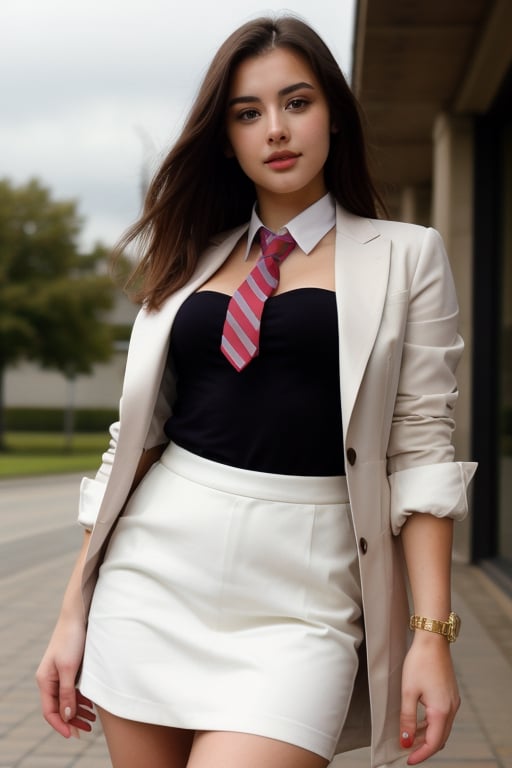 A beautiful 21 years old brunette woman, gorgeus, perfect face, beautiful body, she wearing college uniform with tie, blazer and skirt ,wonder beauty ,Realism